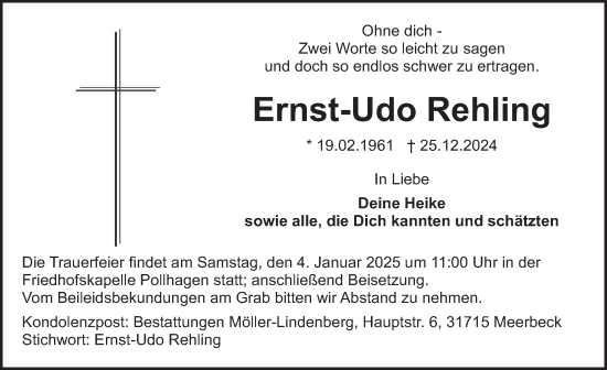 Traueranzeige von Ernst-Udo Rehling 