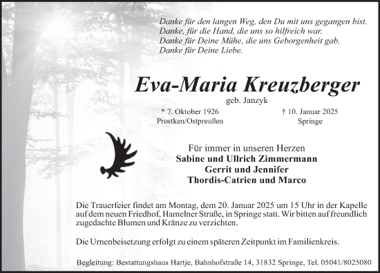 Traueranzeige von Eva-Maria Kreuzberger von Neue Deister-Zeitung