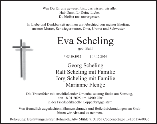 Traueranzeige von Eva Scheling von Deister- und Weserzeitung