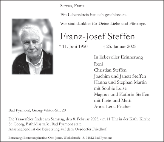 Traueranzeige von Franz-Josef Steffen von Deister- und Weserzeitung
