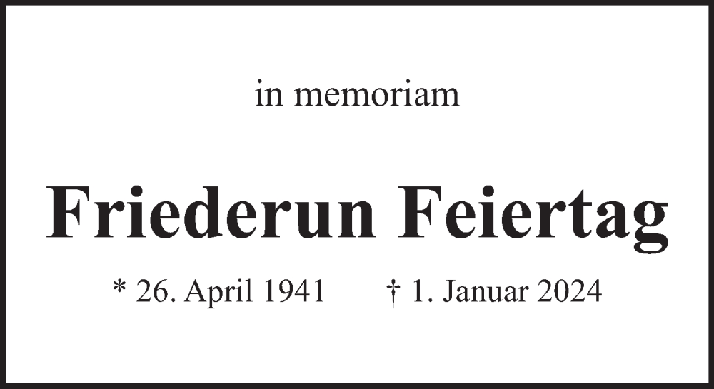  Traueranzeige für Friederun Feiertag vom 31.12.2024 aus Neue Deister-Zeitung