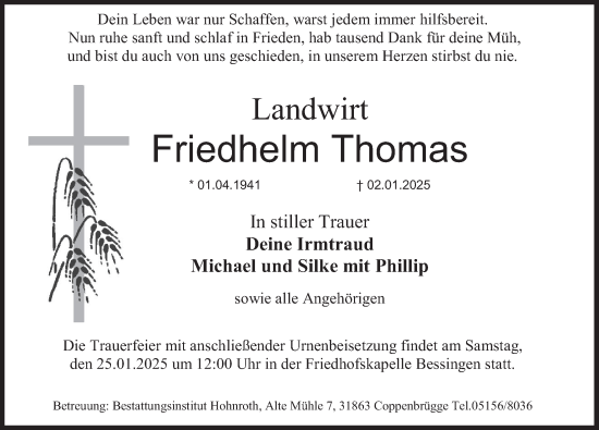 Traueranzeige von Friedhelm Thomas von Deister- und Weserzeitung