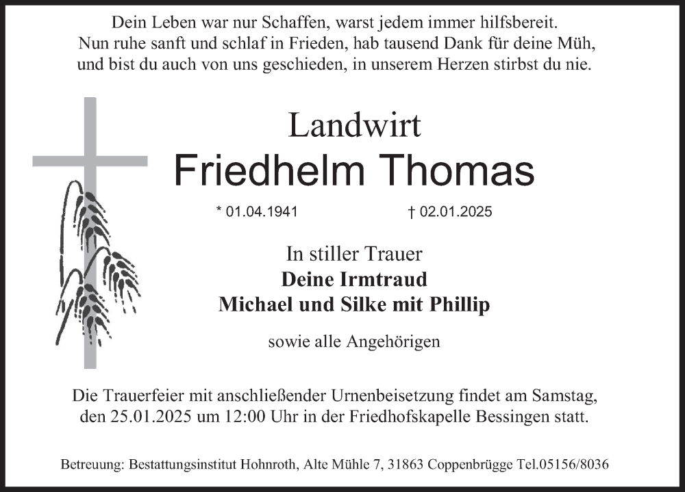  Traueranzeige für Friedhelm Thomas vom 18.01.2025 aus Deister- und Weserzeitung
