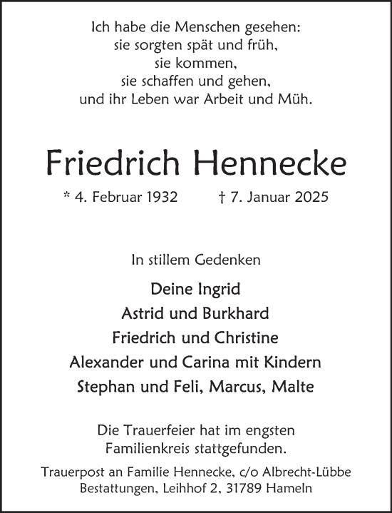 Traueranzeige von Friedrich Hennecke von Deister- und Weserzeitung