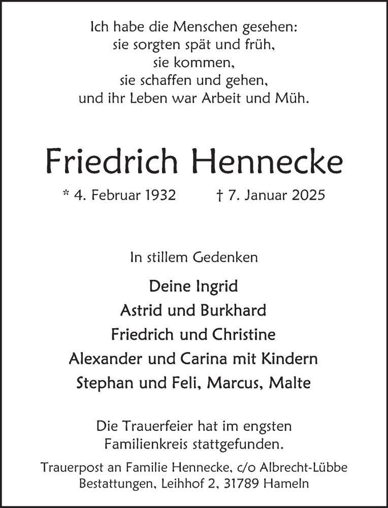  Traueranzeige für Friedrich Hennecke vom 18.01.2025 aus Deister- und Weserzeitung