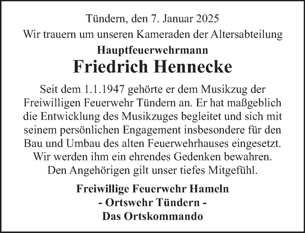  Traueranzeige für Friedrich Hennecke vom 18.01.2025 aus Deister- und Weserzeitung