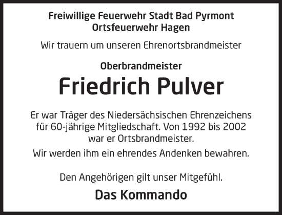 Traueranzeige von Friedrich Pulver von Deister- und Weserzeitung