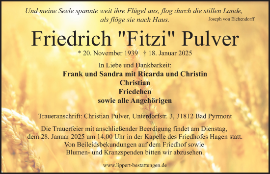 Traueranzeige von Friedrich Pulver von Deister- und Weserzeitung