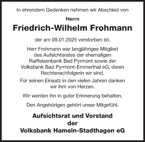 Traueranzeige von Friedrich-Wilhelm Frohmann von Deister- und Weserzeitung