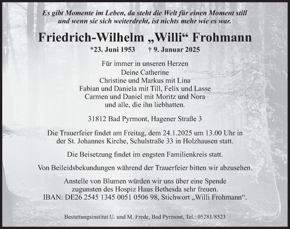  Traueranzeige für Friedrich-Wilhelm Frohmann vom 18.01.2025 aus Deister- und Weserzeitung