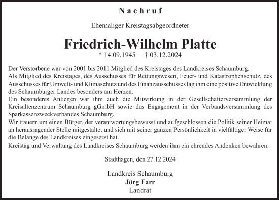 Traueranzeige von Friedrich-Wilhelm Platte 