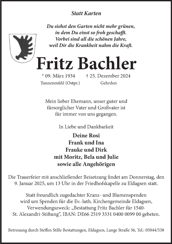 Traueranzeige von Fritz Bachler von Neue Deister-Zeitung