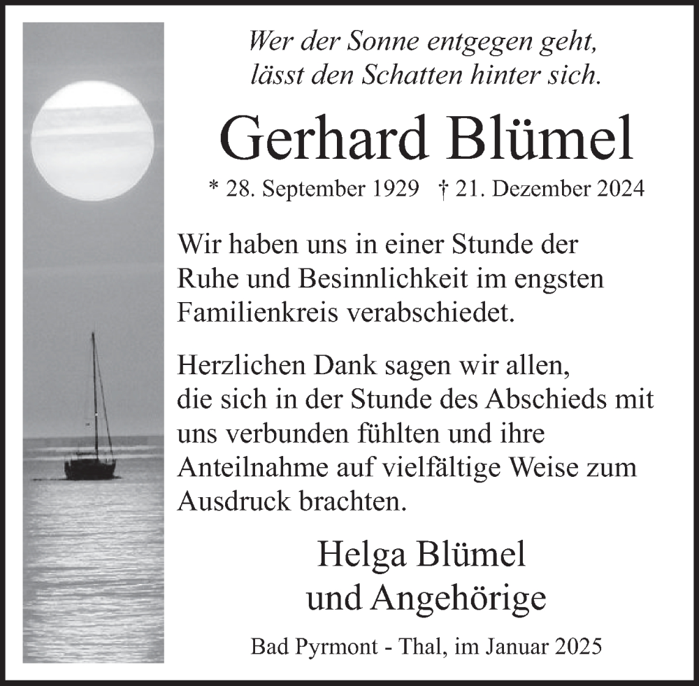  Traueranzeige für Gerhard Blümel vom 18.01.2025 aus Deister- und Weserzeitung