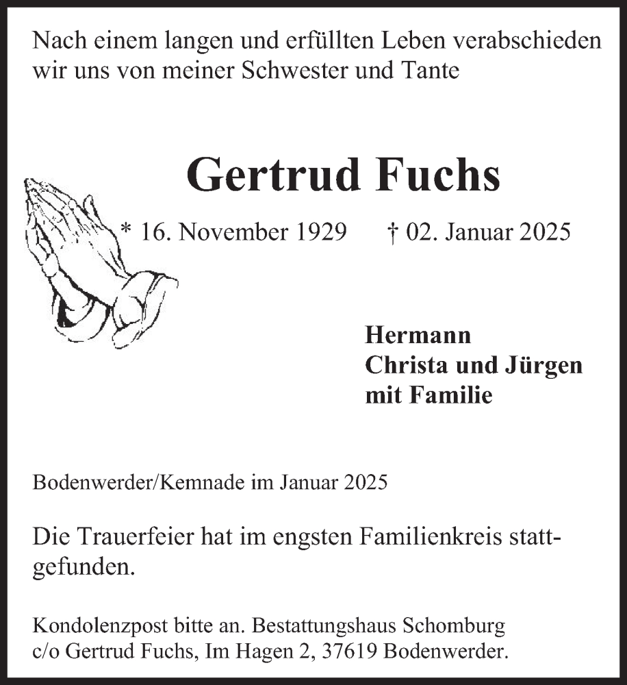  Traueranzeige für Gertrud Fuchs vom 25.01.2025 aus Deister- und Weserzeitung