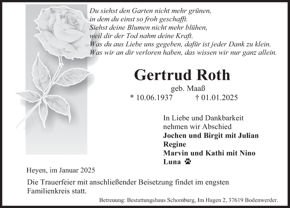  Traueranzeige für Gertrud Roth vom 11.01.2025 aus Deister- und Weserzeitung