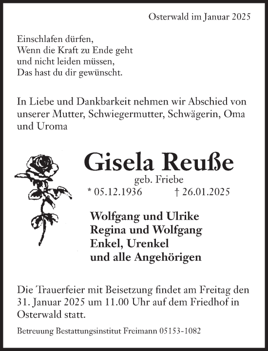 Traueranzeige von Gisela Reuße von Deister- und Weserzeitung