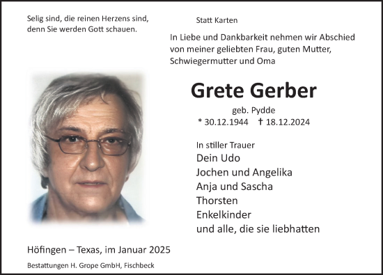 Traueranzeige von Grete Gerber von Deister- und Weserzeitung