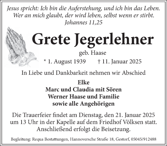 Traueranzeige von Grete Jegerlehner von Neue Deister-Zeitung