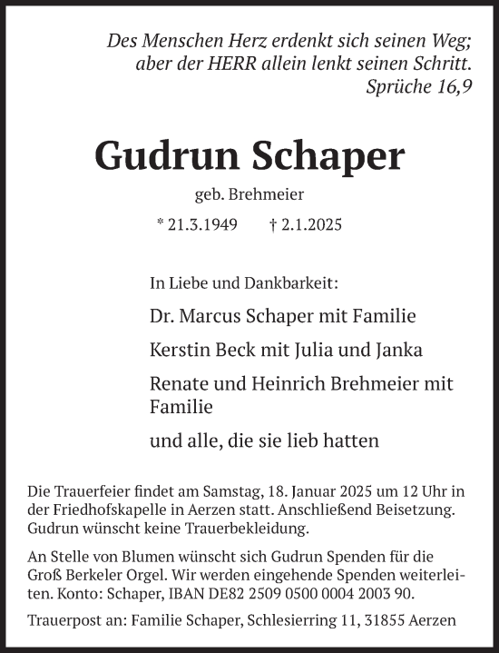 Traueranzeige von Gudrun Schaper von Deister- und Weserzeitung