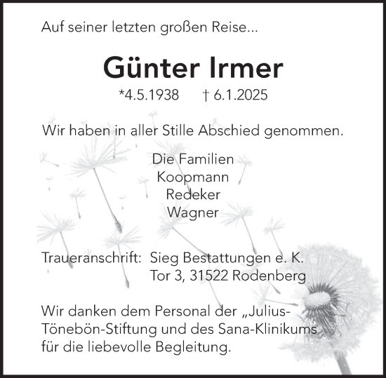 Traueranzeige von Günter Irmer von Deister- und Weserzeitung