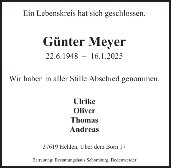 Traueranzeige von Günter Meyer von Deister- und Weserzeitung