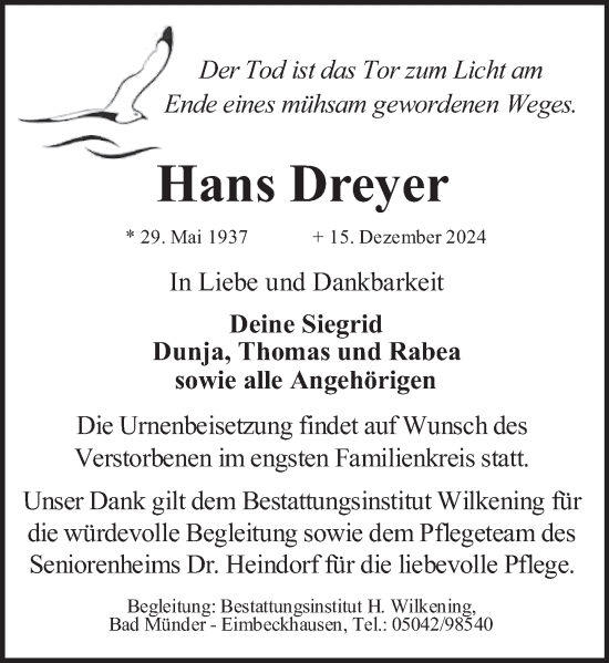 Traueranzeige von Hans Dreyer von Neue Deister-Zeitung