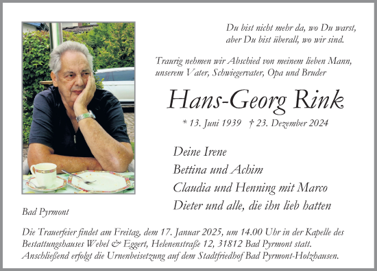 Traueranzeige von Hans-Georg Rink von Deister- und Weserzeitung