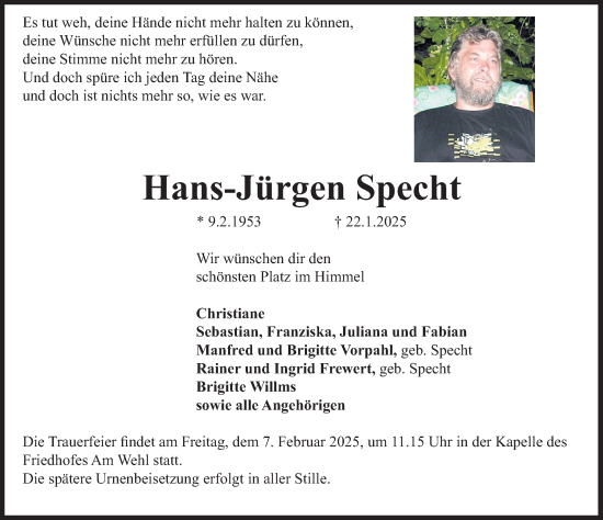Traueranzeige von Hans-Jürgen Specht von Deister- und Weserzeitung