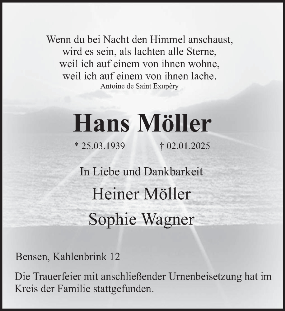  Traueranzeige für Hans Möller vom 25.01.2025 aus Deister- und Weserzeitung