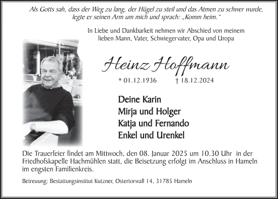 Traueranzeige von Heinz Hoffmann von Deister- und Weserzeitung