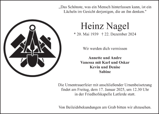 Traueranzeige von Heinz Nagel von Deister- und Weserzeitung