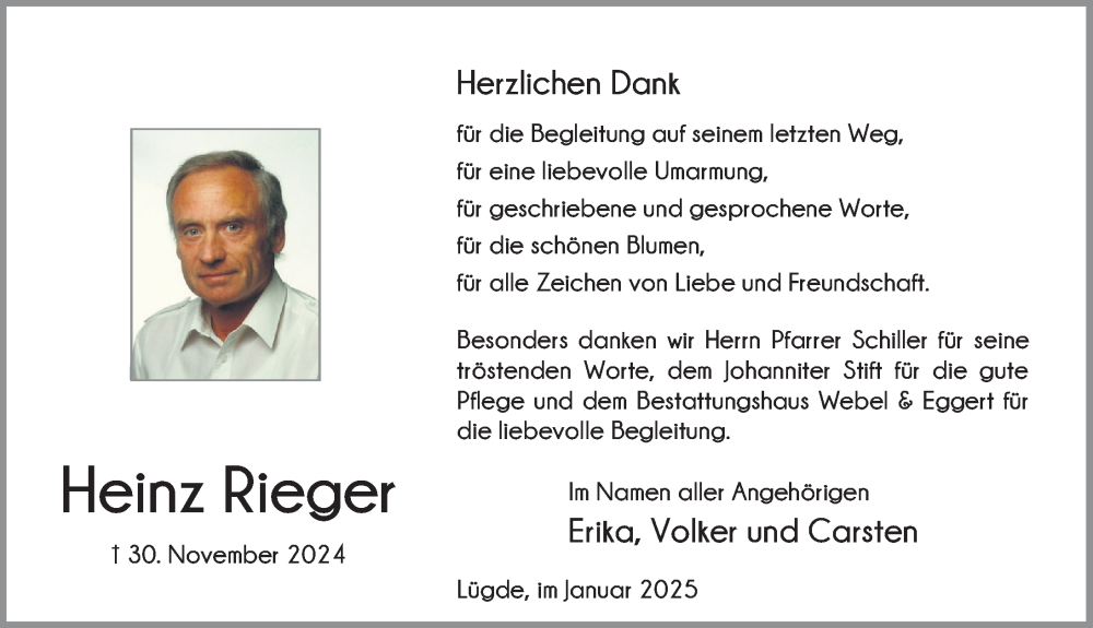  Traueranzeige für Heinz Rieger vom 11.01.2025 aus Deister- und Weserzeitung