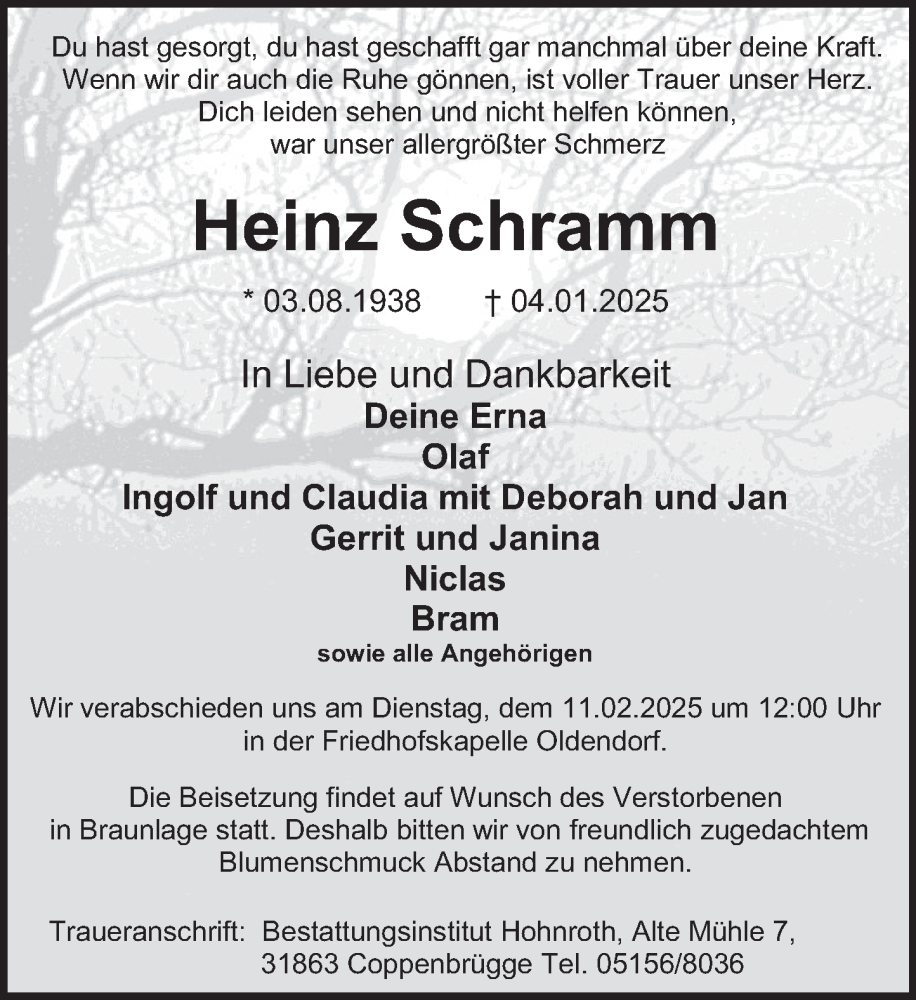  Traueranzeige für Heinz Schramm vom 08.02.2025 aus Deister- und Weserzeitung