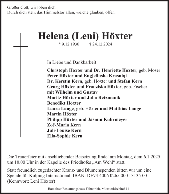 Traueranzeige von Helena Höxter von Deister- und Weserzeitung