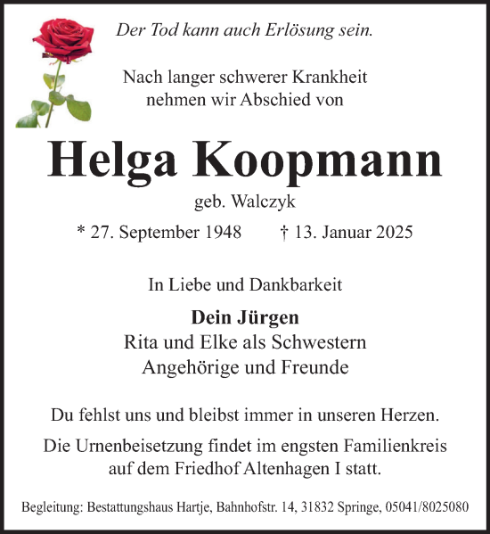 Traueranzeige von Helga Koopmann von Neue Deister-Zeitung