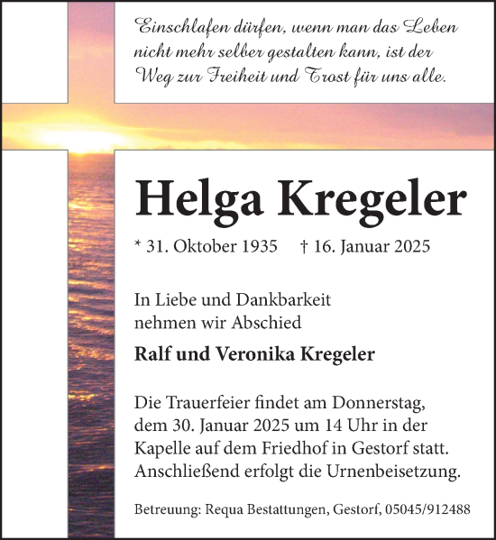 Traueranzeige von Helga Kregeler von Neue Deister-Zeitung