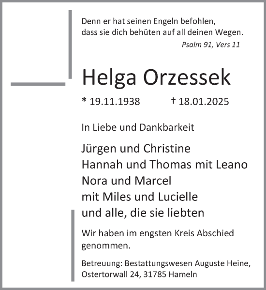 Traueranzeige von Helga Orzessek von Deister- und Weserzeitung