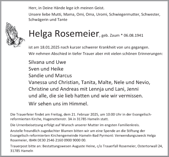 Traueranzeige von Helga Rosemeier von Deister- und Weserzeitung