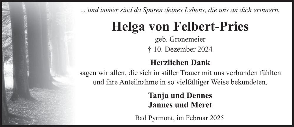  Traueranzeige für Helga von Felbert-Pries vom 01.02.2025 aus Deister- und Weserzeitung