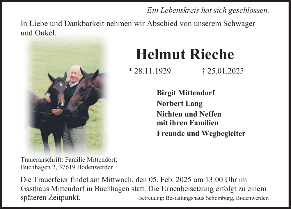  Traueranzeige für Helmut Rieche vom 01.02.2025 aus Deister- und Weserzeitung
