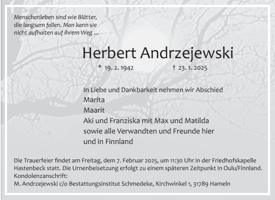 Traueranzeige von Herbert Andrzejewski von Deister- und Weserzeitung
