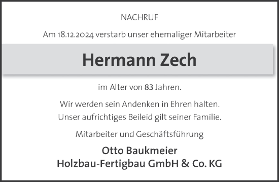 Traueranzeige von Hermann Zech von Deister- und Weserzeitung