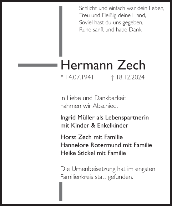 Traueranzeige von Hermann Zech von Deister- und Weserzeitung