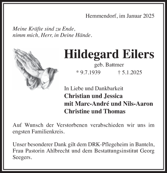 Traueranzeige von Hildegard Eilers von Deister- und Weserzeitung