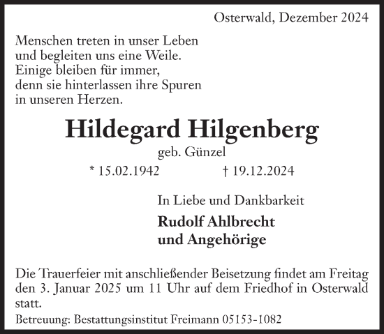 Traueranzeige von Hildegard Hilgenberg von Deister- und Weserzeitung