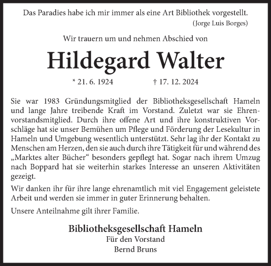 Traueranzeige von Hildegard Walter von Deister- und Weserzeitung