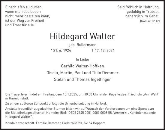 Traueranzeige von Hildegard Walter von Deister- und Weserzeitung