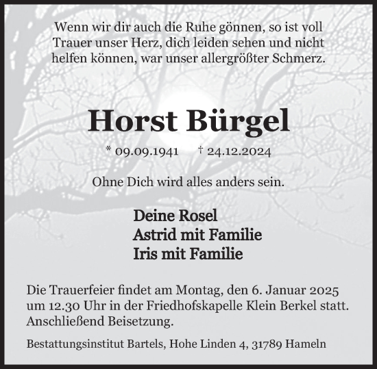 Traueranzeige von Horst Bürgel von Deister- und Weserzeitung