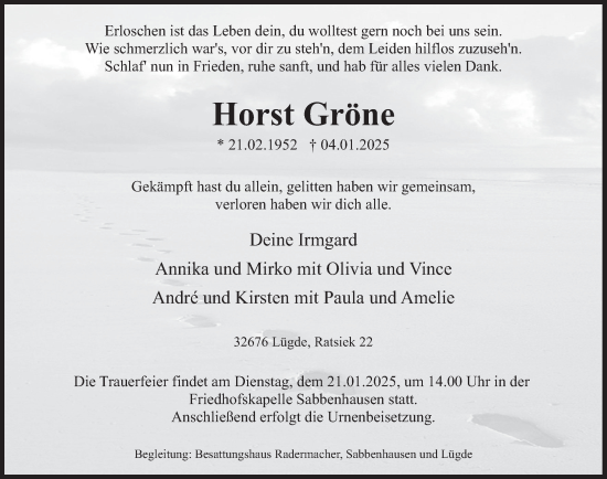 Traueranzeige von Horst Gröne von Deister- und Weserzeitung