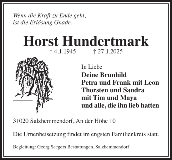 Traueranzeige von Horst Hundertmark von Deister- und Weserzeitung